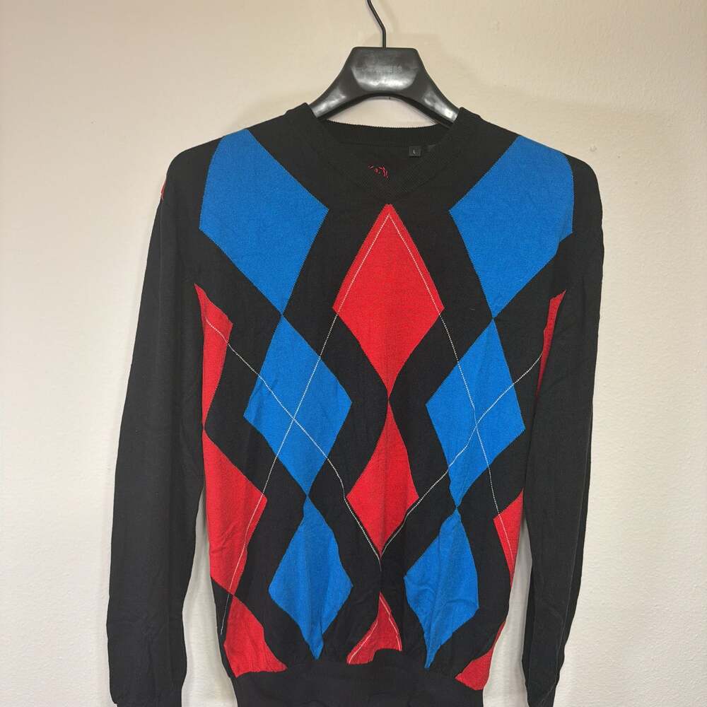 Bugatchi Uomo Men's Large Black,Light Blue, Red Argyle Silk Cotton Sweater
